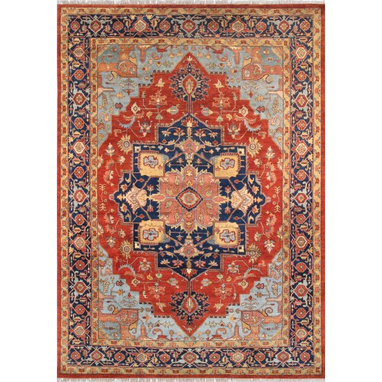 Pasargad Home Serapi Hand-Knotted Rust and Navy Wool Area Rug- 9' x 12'