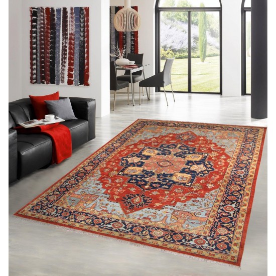 Pasargad Home Serapi Hand-Knotted Rust and Navy Wool Area Rug- 9' x 12'