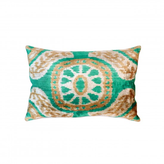 Pasargad Home Pillow Ikat Silk Silk, Wool Green  1' 3" X  2' 0"