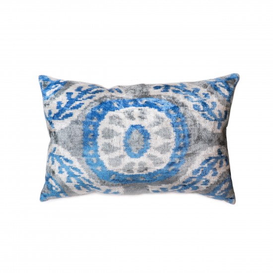 Pasargad Home Pillow Ikat Velvet Silk, Wool Blue 1' 3" X 2' 0"