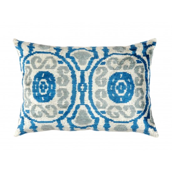 Pasargad Home Pillow Ikat Velvet Silk, Wool Blue 1' 4" X 2' 0"