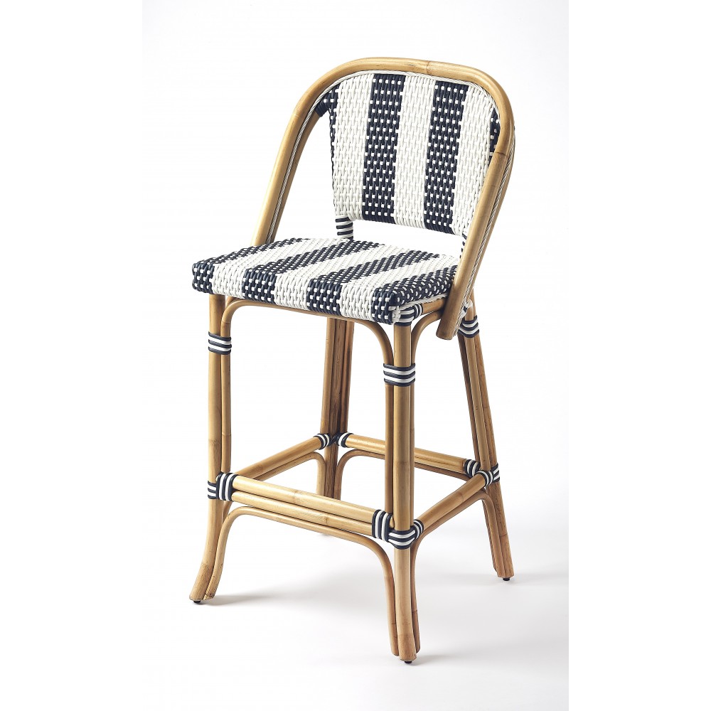 Lila Blue & White Stripe Rattan Bar Stool, 3715291