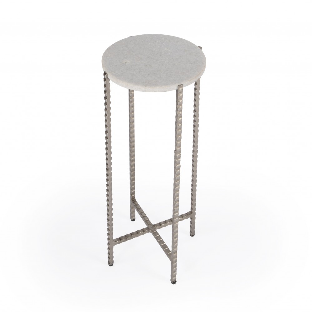 Nigella White Marble and Silver Cross Legs Side Table, 5612425