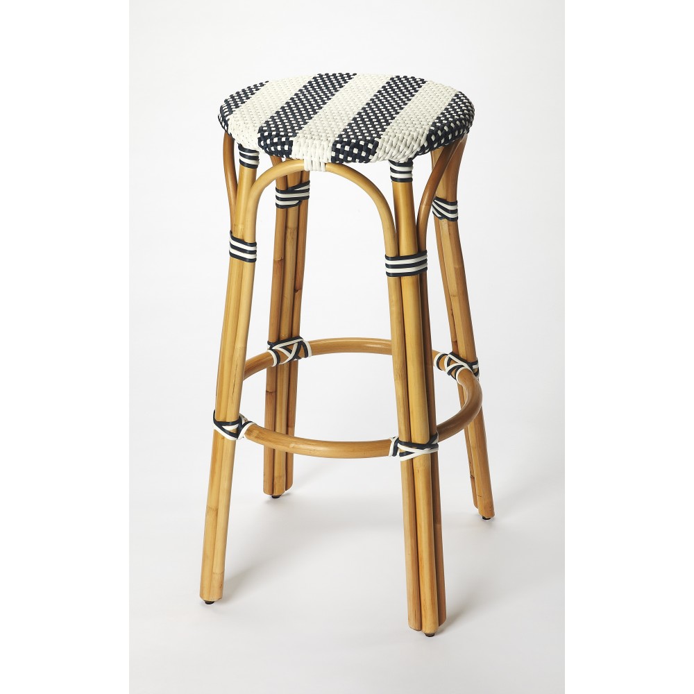 obias Blue & White Rattan Bar Stool, 9370291