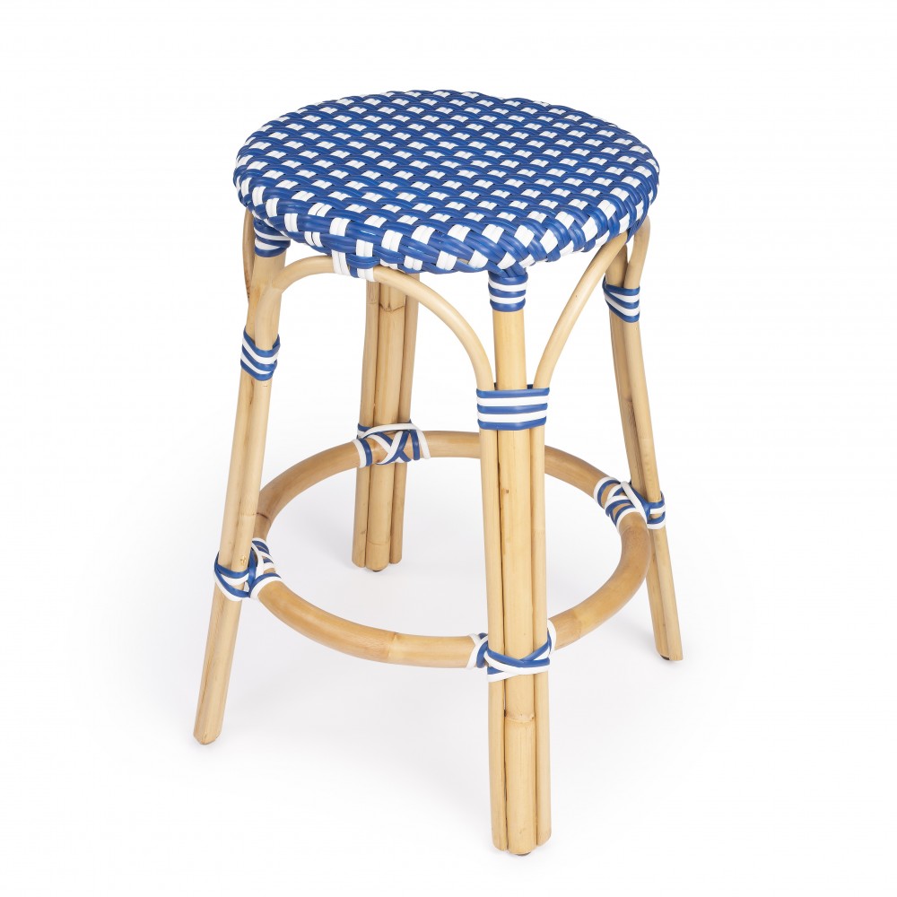 Tobias Blue & White Rattan Counter Stool, 9371303