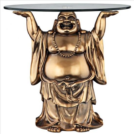 Design Toscano Jolly Hotei Buddha Glass Topped Table