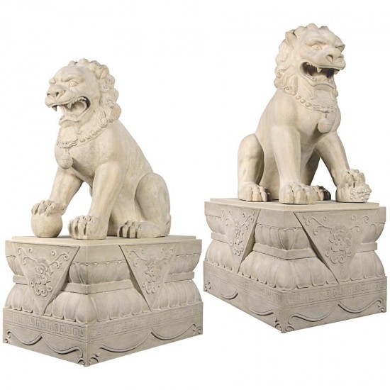 Design Toscano Male & Female Foo Dogs With Plinths