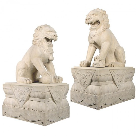 Design Toscano Male & Female Foo Dogs With Plinths