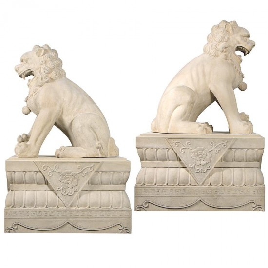 Design Toscano Male & Female Foo Dogs With Plinths