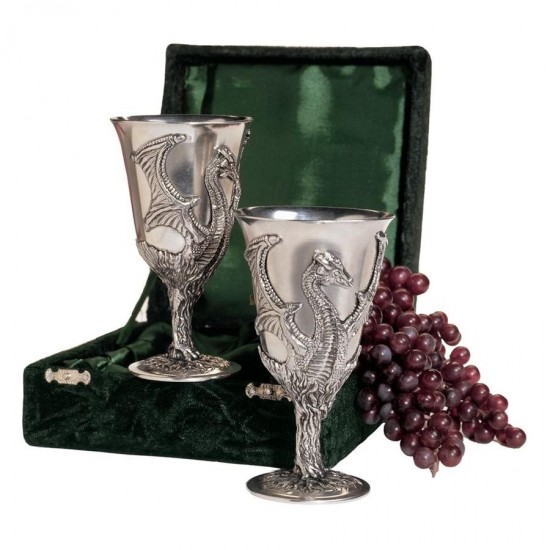 Design Toscano Boxed Pair Of Dragon Pewter Goblets