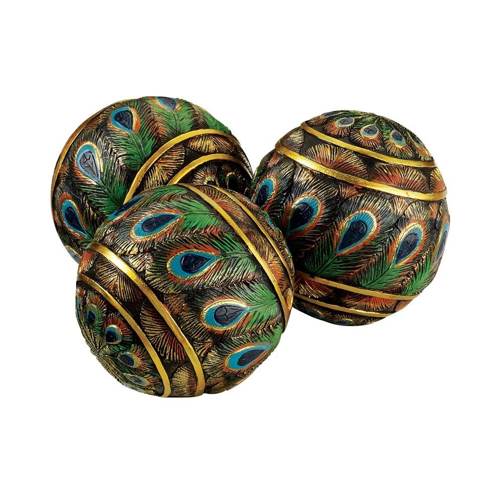 Design Toscano Set Of 3 Peacock Feather Balls