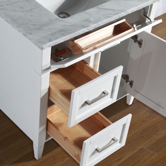 36" sl sink vanity set, carrara marble top, soft closing doors, drawers, White