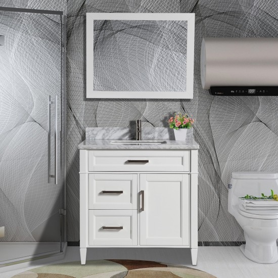 36" sl sink vanity set, carrara marble top, soft closing doors, drawers, White