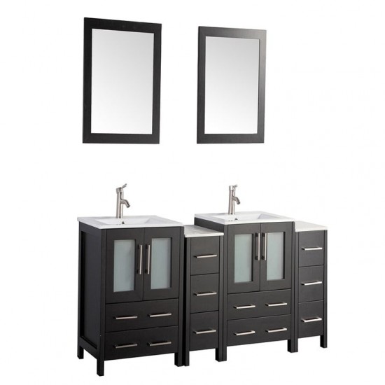 72" dbl sink vanity set, ceramic top, soft close, drawers, Espresso, VA3024-72E
