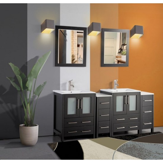 72" dbl sink vanity set, ceramic top, soft close, drawers, Espresso, VA3024-72E