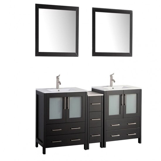 72" dbl sink vanity set, ceramic top, soft close, drawers, Espresso, VA3030-72E