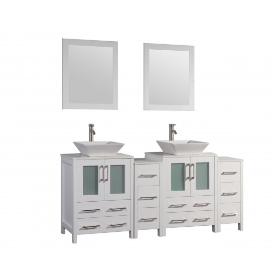 72" dbl sink vanity set, ceramic top, soft close, drawers, White, VA3124-72W