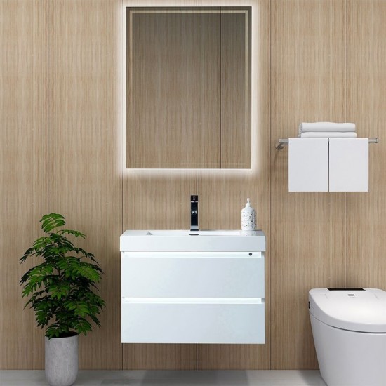 Vanity Art 30" LED Lighted Wall Hung Single Sink Vanity With Resin Top, White