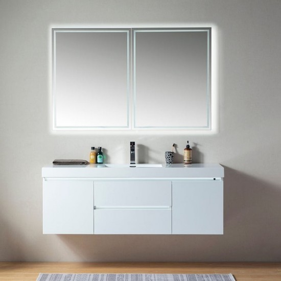 Vanity Art 60" LED Lighted Wall Hung Single Sink Vanity With Resin Top, White