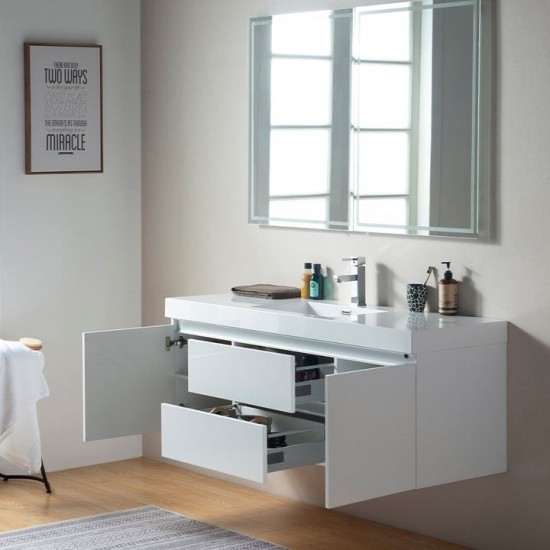Vanity Art 60" LED Lighted Wall Hung Single Sink Vanity With Resin Top, White