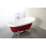 Freestanding claw foot red and white bathtub with polished chrome pop-up drain