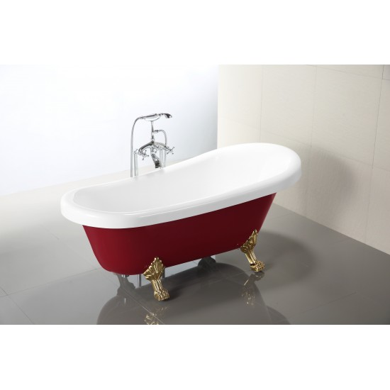 Freestanding claw foot red and white bathtub with polished chrome pop-up drain