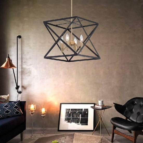 Vanity Art 4 - Light Lantern Geometric Pendant, Black/Brass, 12014BK-BD