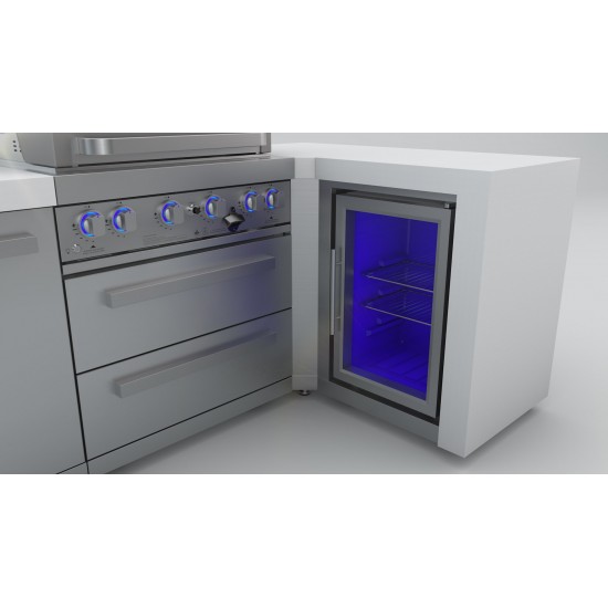 Mont Alpi 400 Deluxe island with 90 degree corner and fridge cabinet.