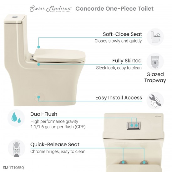 Concorde One Piece Square Toilet Dual Flush 1.1/1.6 gpf in Bisque