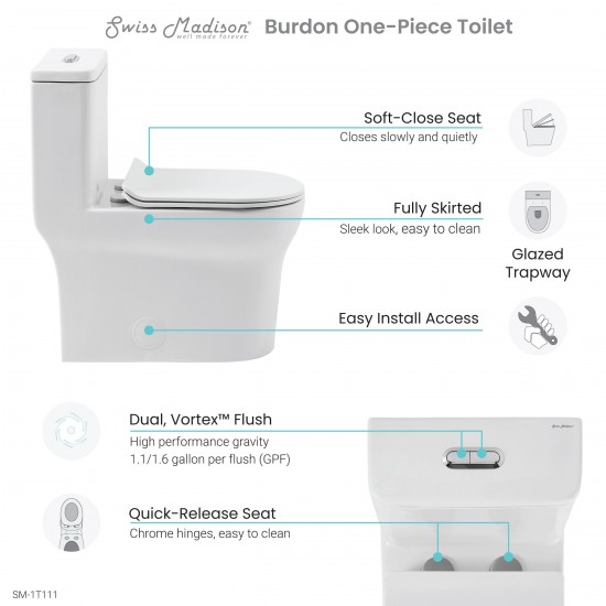 Burdon One-Piece Elongated Toilet Vortex Dual-Flush 1.1/1.6 gpf