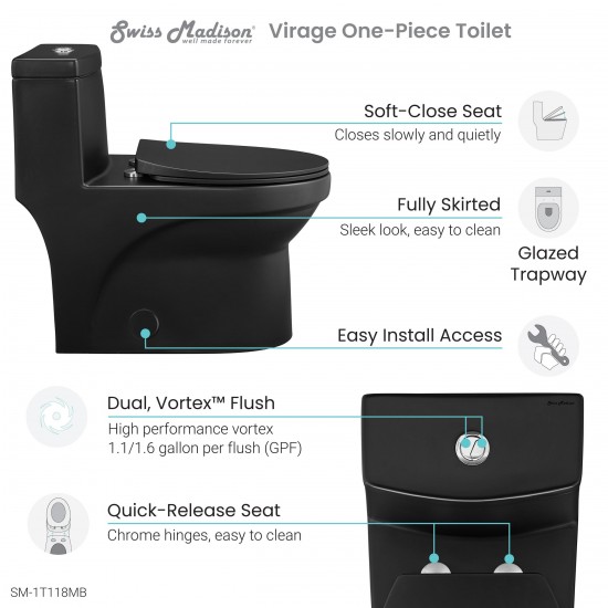 Virage One-Piece Elongated Toilet Vortex Dual-Flush 1.1/1.6 gpf, Matte Black