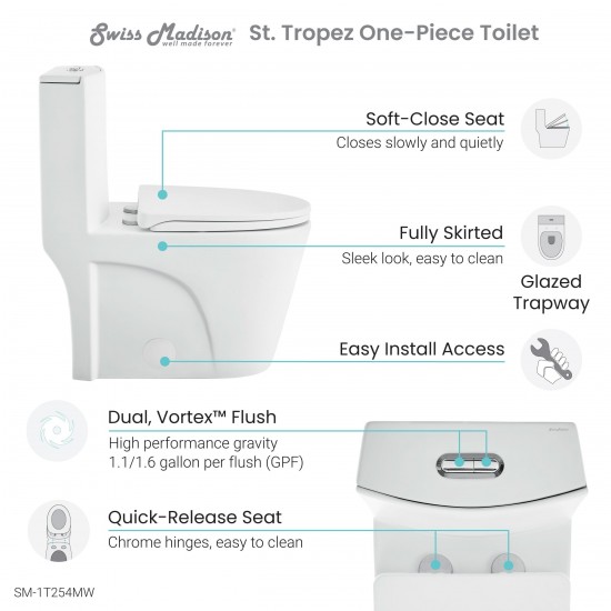 St. Tropez One-Piece Elongated Toilet Vortex Dual-Flush, Matte White 1.1/1.6 gpf