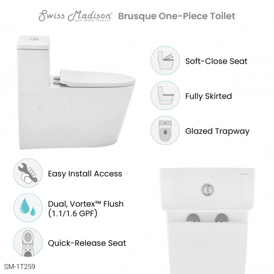 Brusque One-Piece Elongated Toilet Vortex Dual-Flush 0.8/1.18 gpf