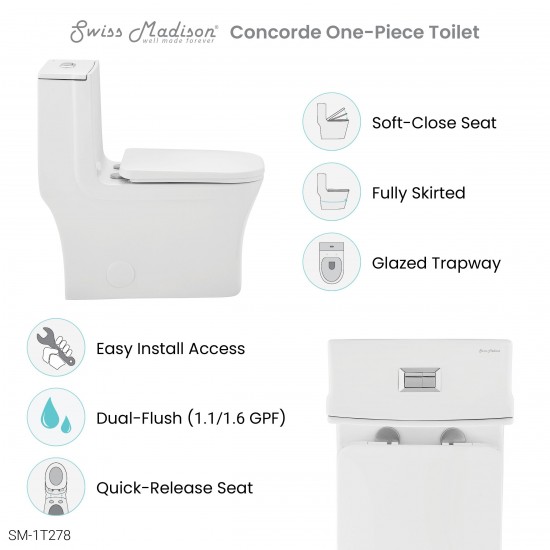 Concorde One Piece Square Toilet Dual Flush 1.1/1.6 gpf with 10" Rough In