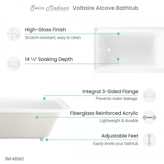 Voltaire 54 in x 30 in Acrylic Glossy White, Alcove, Left-Hand Drain, Bathtub