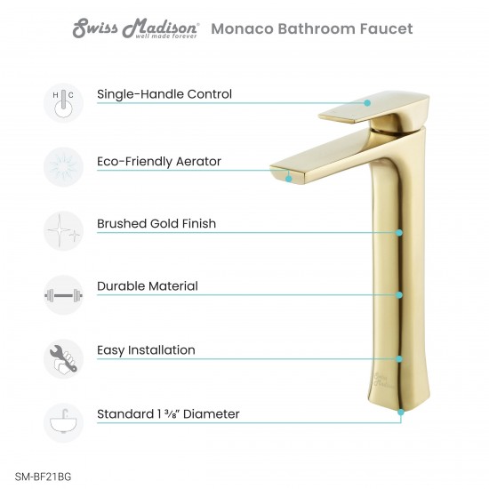 Monaco Single Hole, Single-Handle, High Arc Bathroom Faucet in Brushed Gold