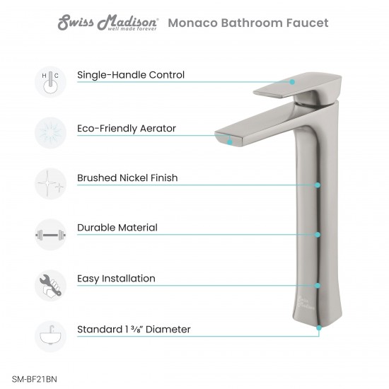 Monaco Single Hole, Single-Handle, High Arc Bathroom Faucet in Brushed Nickel