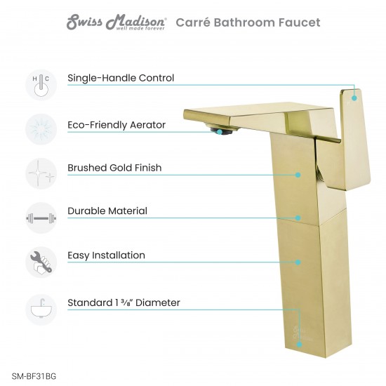 Carre Single Hole, Single-Handle, High Arc Bathroom Faucet in Brushed Gold