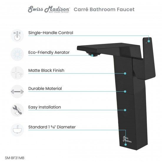 Carre Single Hole, Single-Handle, High Arc Bathroom Faucet in Matte Black