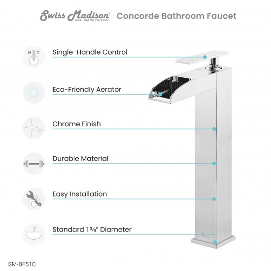 Concorde Single Hole, Single-Handle, High Arc Waterfall, Bathroom Faucet, Chrome