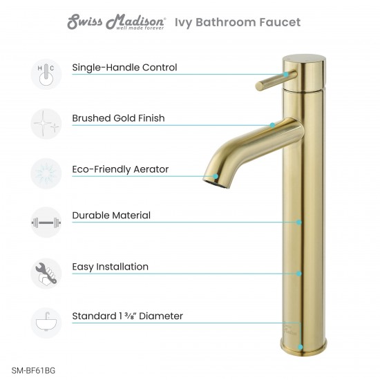 Ivy Single Hole, Single-Handle, High Arc Bathroom Faucet in Brushed Gold