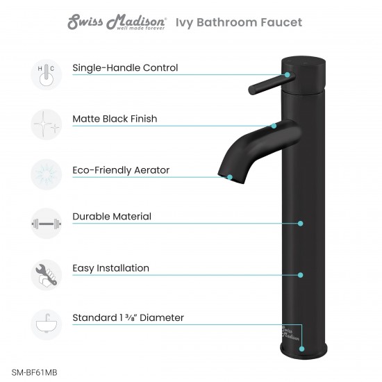 Ivy Single Hole, Single-Handle, High Arc Bathroom Faucet in Matte Black