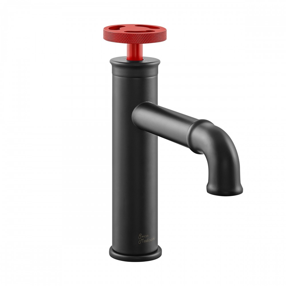 Avallon Single Hole, Single-Handle, Bathroom Faucet in Matte Black, Red Handle