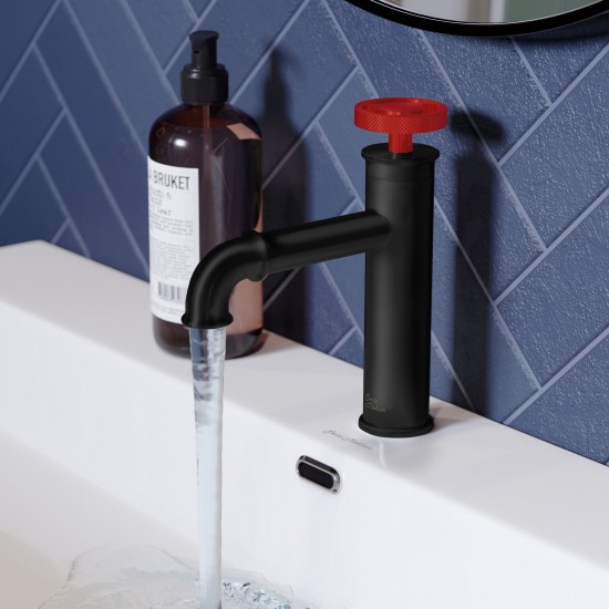 Avallon Single Hole, Single-Handle, Bathroom Faucet in Matte Black, Red Handle
