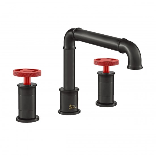 Avallon 8 in. Widespread, 2-Handle Wheel, Faucet in Matte Black with Red Handles