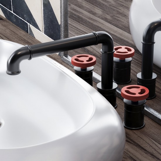 Avallon 8 in. Widespread, 2-Handle Wheel, Faucet in Matte Black with Red Handles