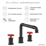 Avallon 8 in. Widespread, 2-Handle Wheel, Faucet in Matte Black with Red Handles