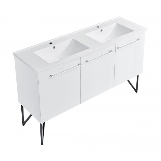 Annecy 60 Double, Glossy White, Two Doors, One Drawer, Bathroom Vanity