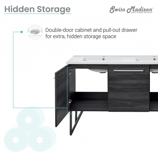 Annecy 60 Double, Black Walnut, Two Doors, One Drawer, Bathroom Vanity