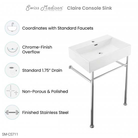 Claire 24 Ceramic Console Sink White Basin Chrome Legs